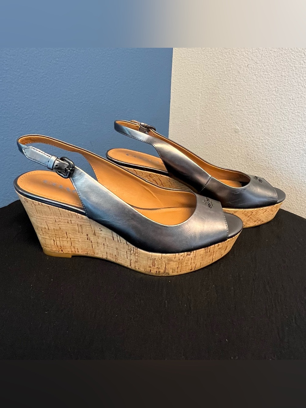 COACH Ferry Cork Wedge Metallic Gunmetal & Leather Peep Toe Slingback Sz 8.5 B - Picture 4 of 11